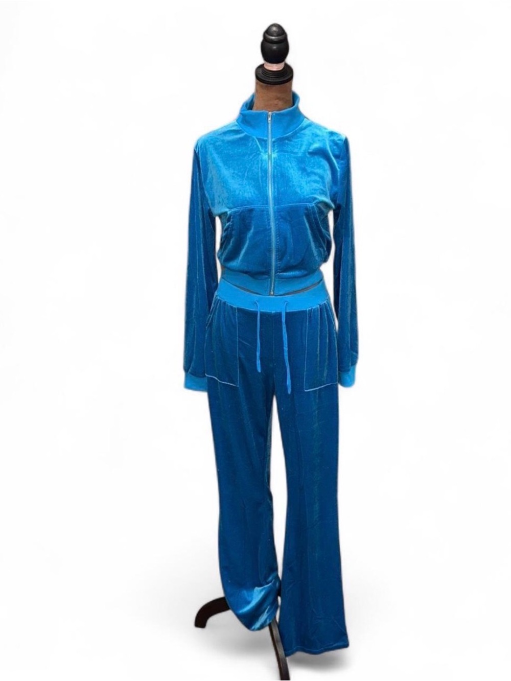 Women's Blue Velour Zip-Front Track Jumpsuit Cropped Medium Y2K Hip Hop